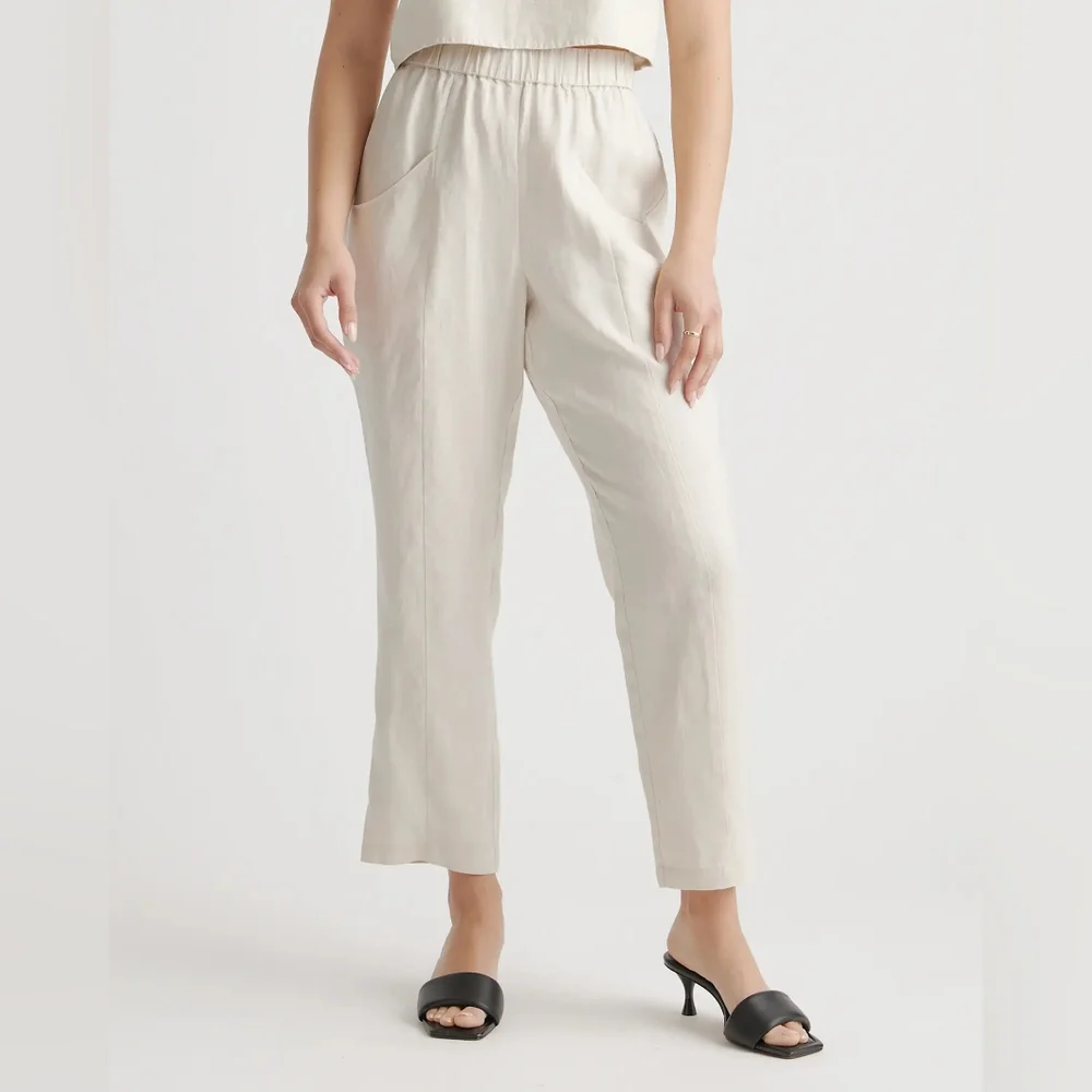 Linen-Blend Cream High-Waist Pants